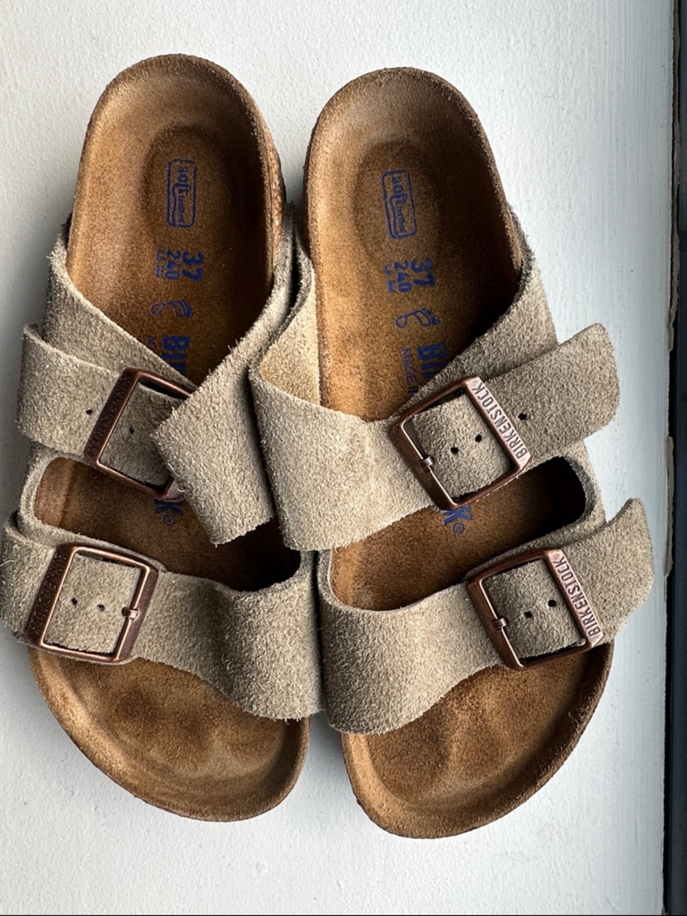 Birkenstock Suede Arizona Two-Strap Sandals in Taupe Brown size 37